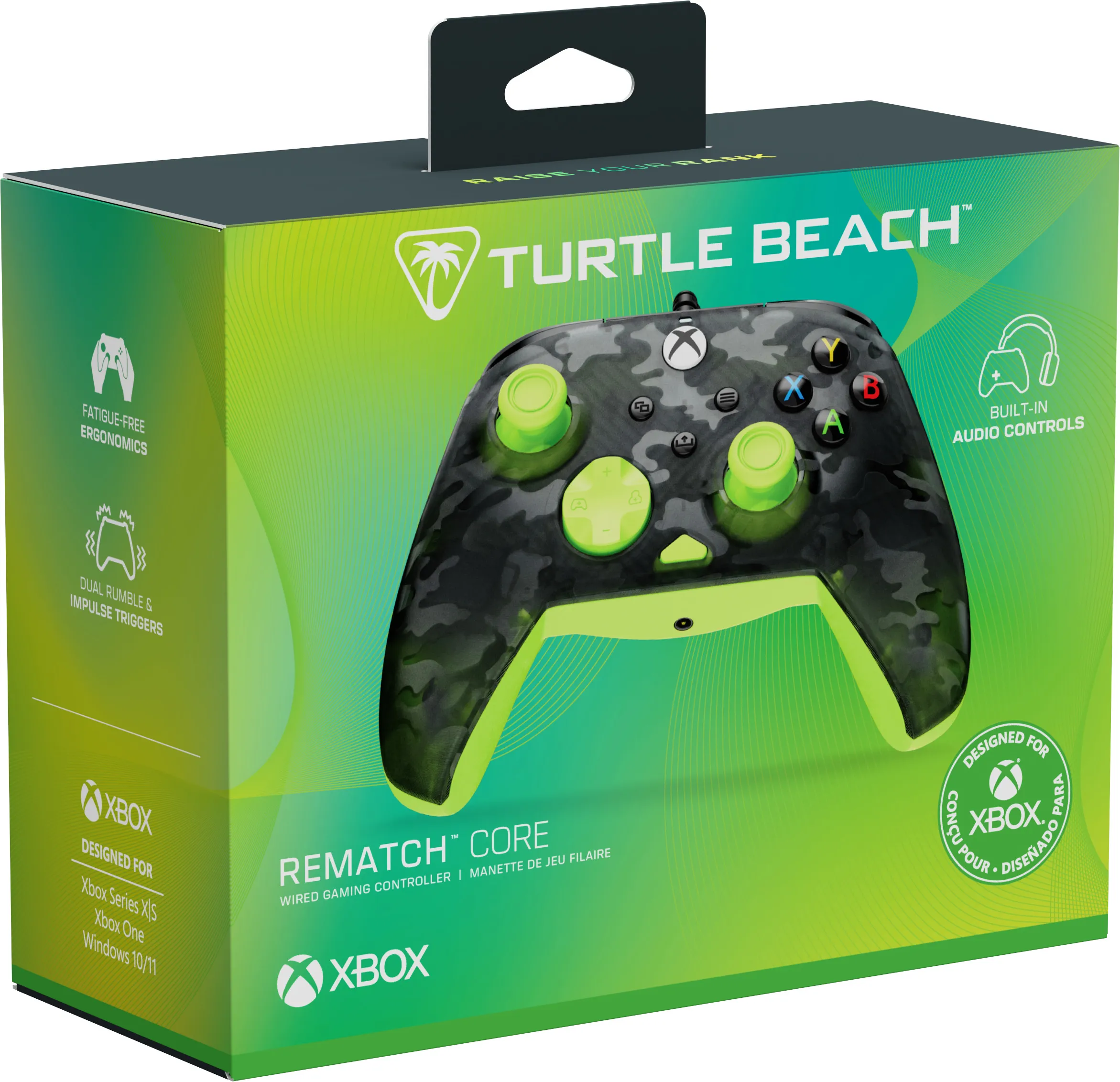 Boîte avec manette Xbox. Motif camouflage avec accents verts. Texte : 'Turtle Beach', 'Rematch Core' et 'Xbox'.