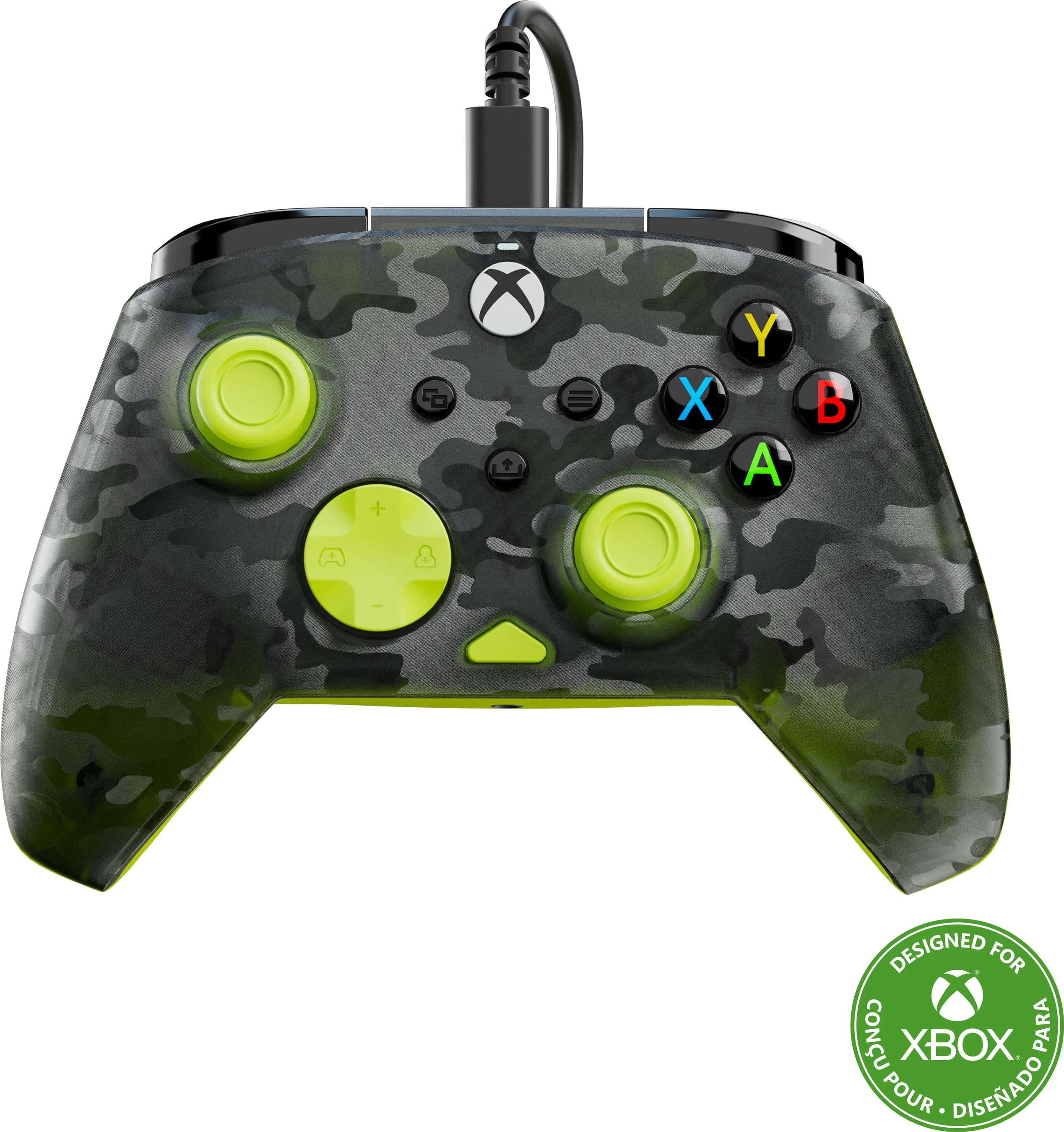 Une manette Xbox avec un motif camouflage et des accents vert néon. Elle porte le logo Xbox et des boutons colorés.