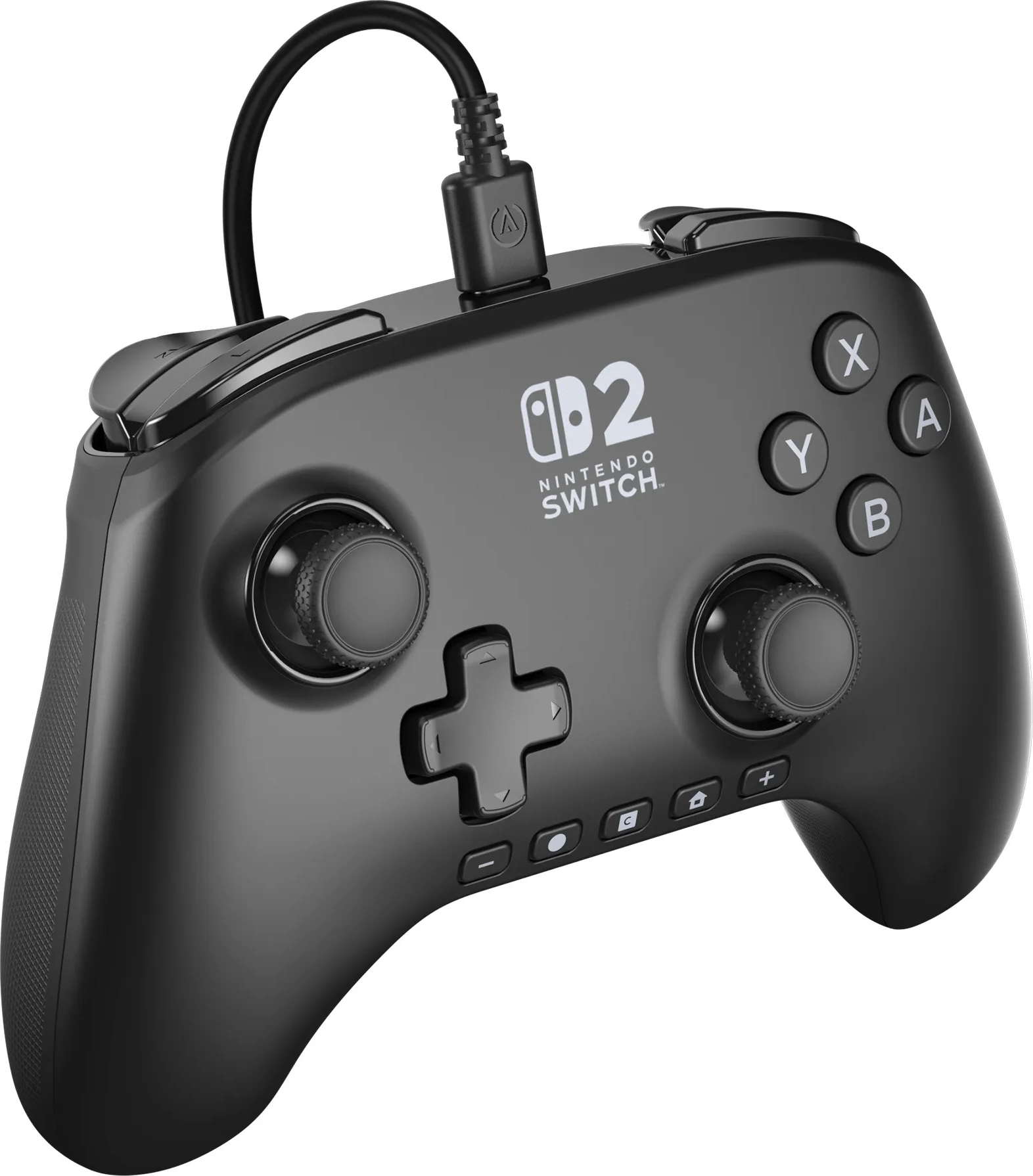 Controller nero Nintendo Switch con pulsanti, levette e D-pad. Un cavo è collegato. Il logo '2 Nintendo Switch' è visibile.