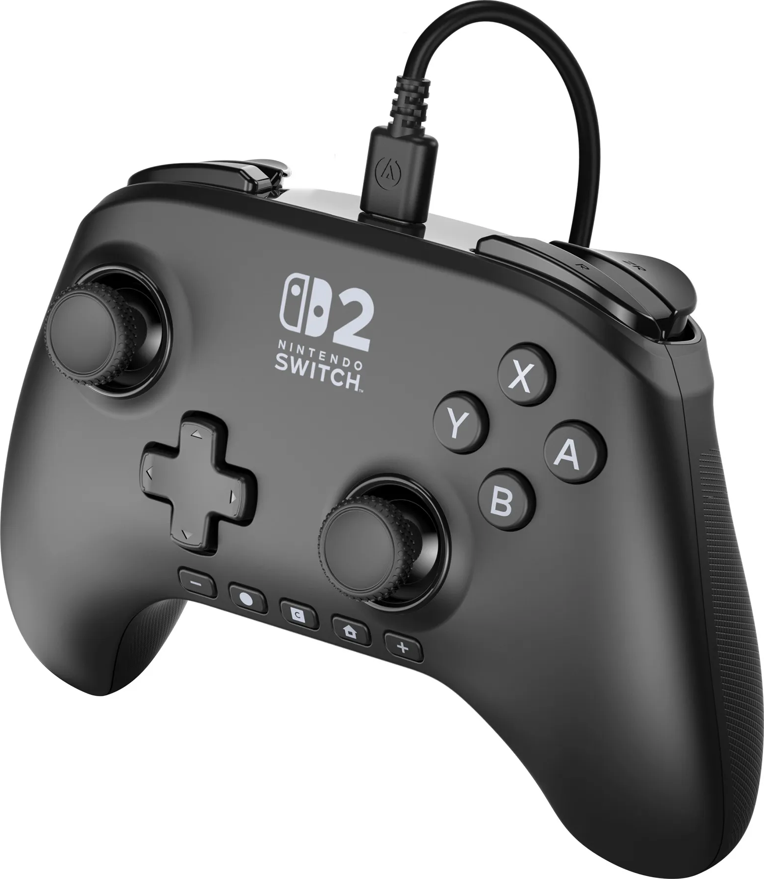 Controller nero Nintendo Switch con pulsanti e joystick, collegato tramite cavo. Il logo Switch è visibile.