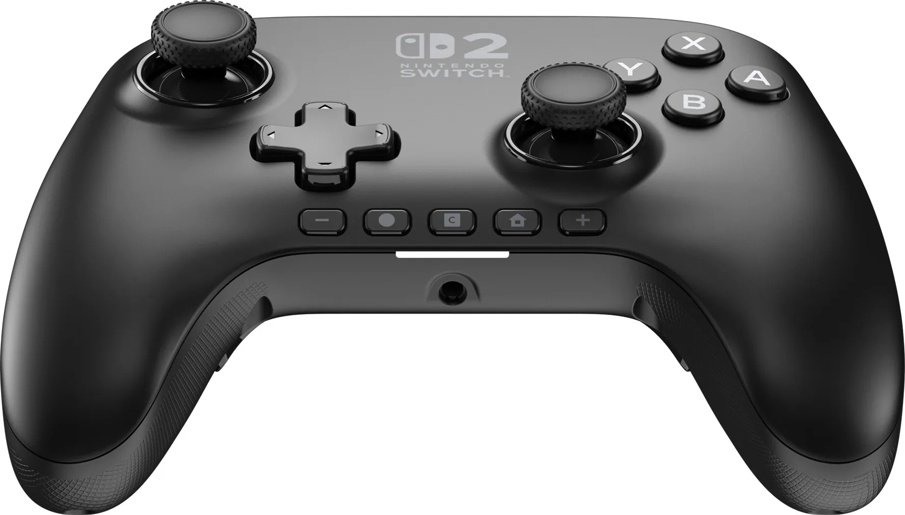 Un controller Nintendo Switch nero. Ha due levette analogiche, un D-pad e vari pulsanti, tra cui X, Y, A e B.