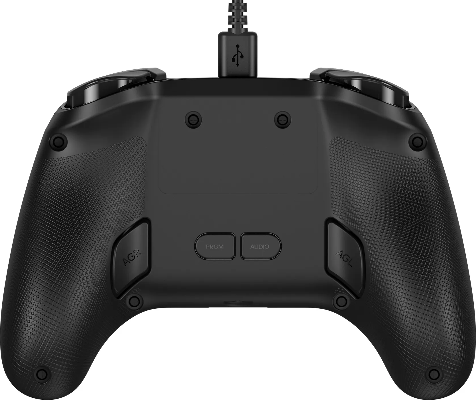 Gamepad nero con cavo USB. Ha pulsanti con etichette PRGM, AUDIO, AGL e AGX. Lo sfondo è bianco.