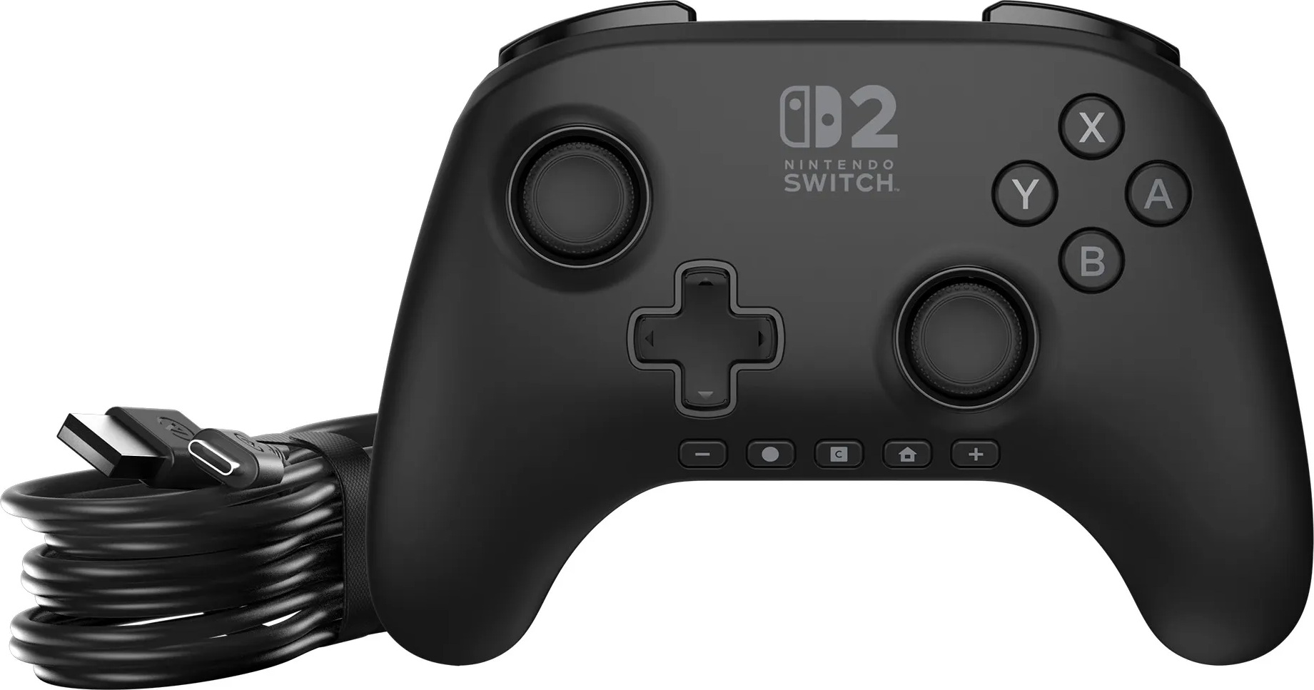 Un controller Nintendo Switch nero con pulsanti e un cavo USB. Il controller ha due joystick e un D-pad. Il logo Nintendo Switch è visibile.