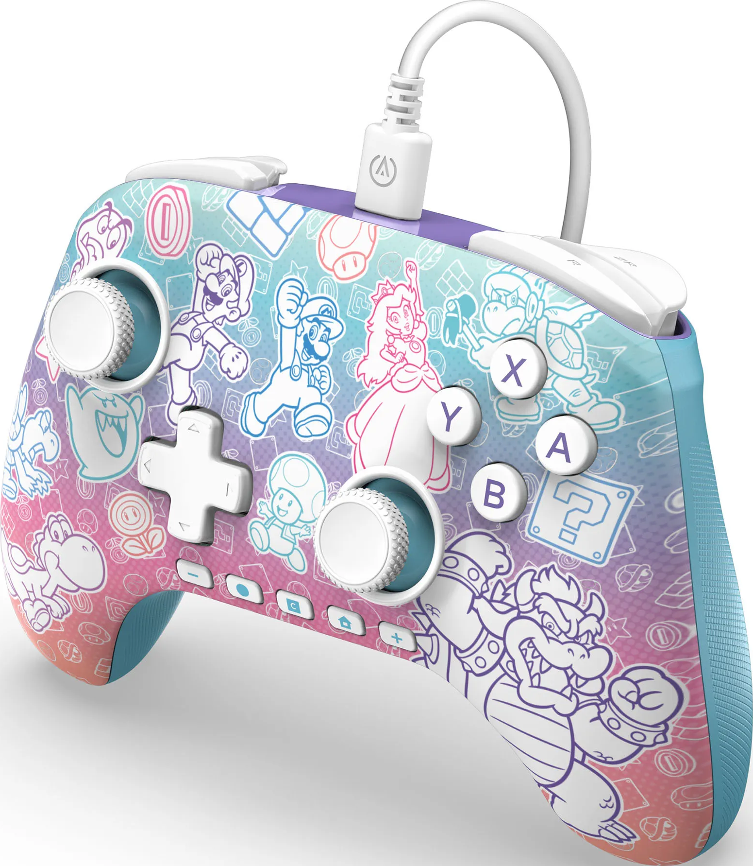 Ein farbenfroher Gamecontroller mit Mario-Charakteren. Er hat weiße Knöpfe und ein weißes Kabel. Der Hintergrund ist ein Farbverlauf.
