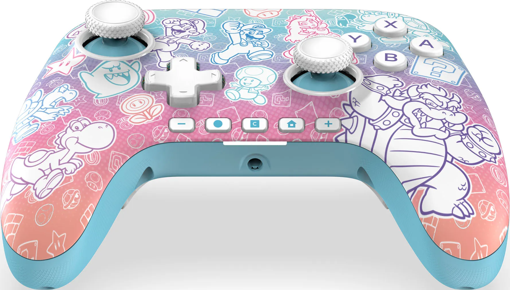 Ein farbenfroher Nintendo Switch-Controller mit Mario-Charakteren. Er hat rosa, blaue und weiße Details.