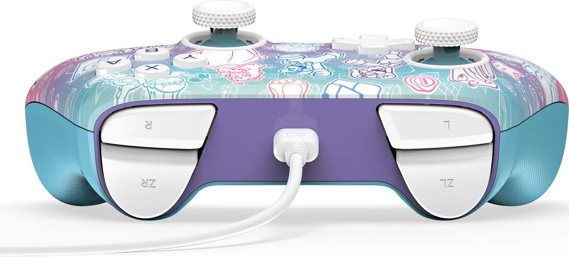 Ein Nintendo Switch-Controller mit farbenfrohem Design, weißen Tasten und einem Ladekabel.