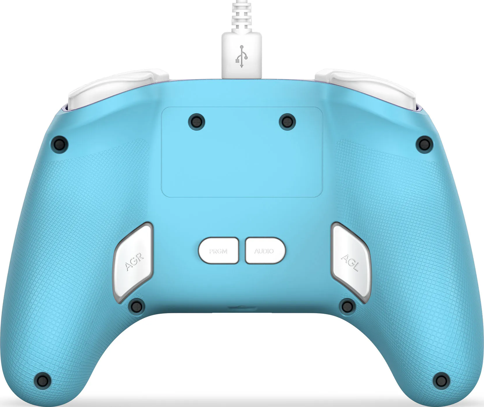 Ein hellblauer Gamecontroller mit weißen Knöpfen und einem eingesteckten USB-Kabel. Zu den Knöpfen gehören AGR, AGL, PRGM und AUDIO.