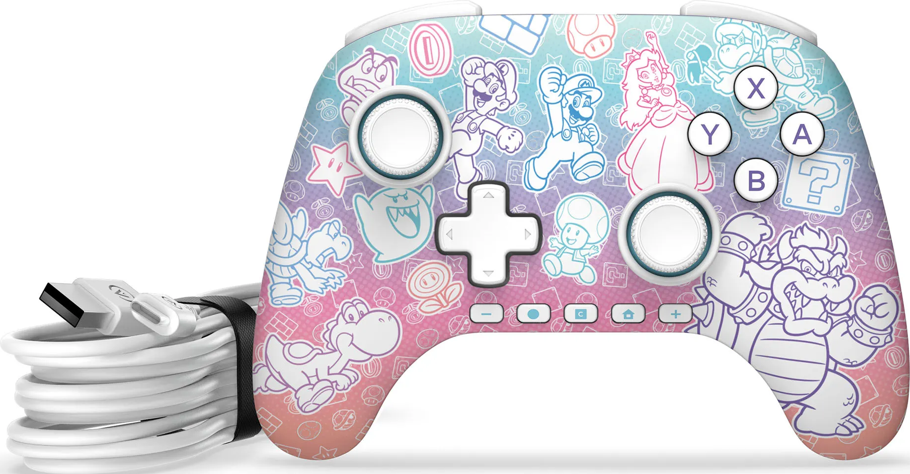 Ein Nintendo Switch-Controller mit Mario-Charakteren. Er ist mit einem weißen Kabel verbunden. Der Hintergrund verläuft von Pink zu Blau.