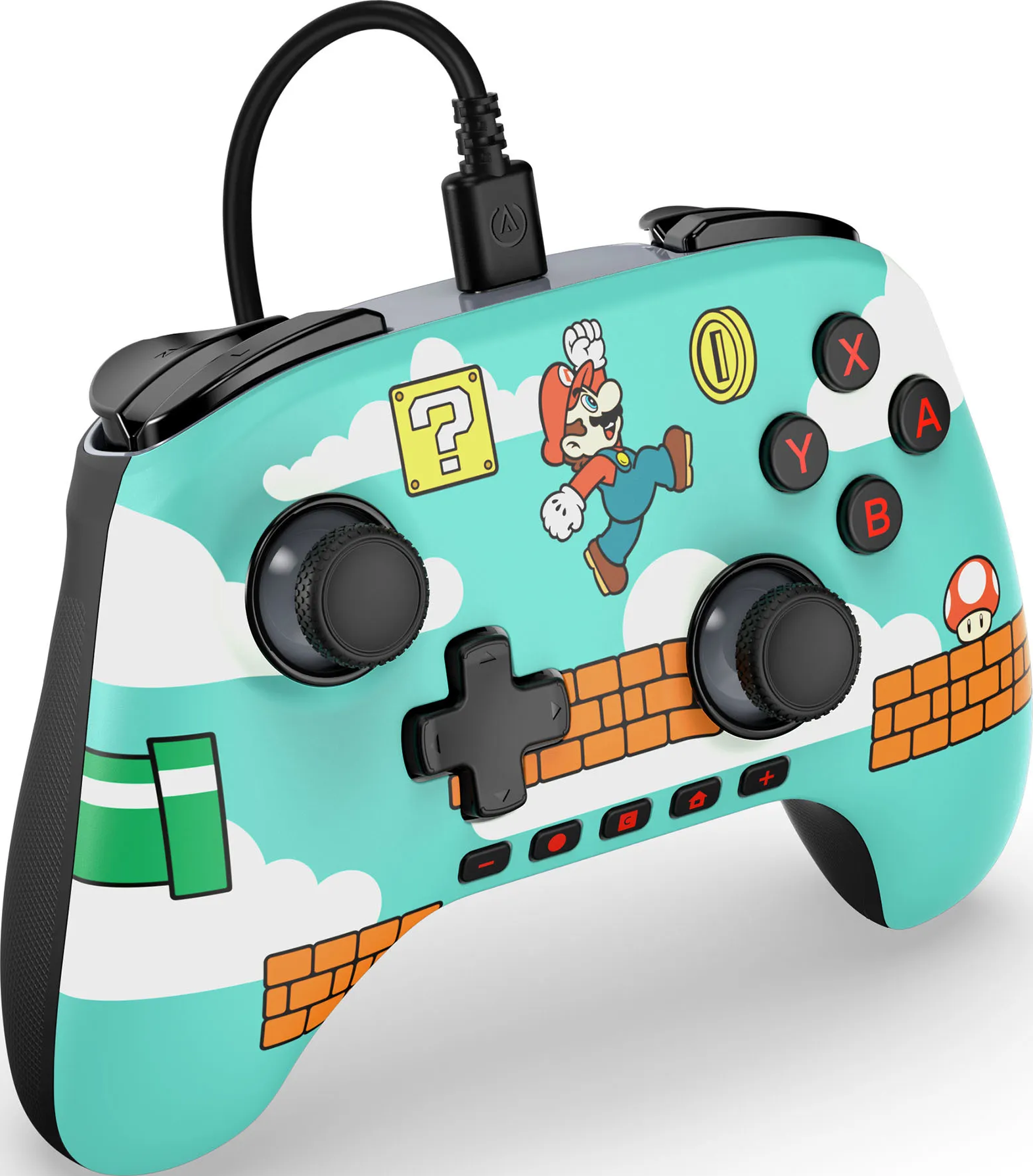 Ein türkisfarbener Gamecontroller im Mario-Design mit springendem Mario. Zu den Tasten gehören X, A, Y, B. Der Controller hat ein schwarzes Kabel.