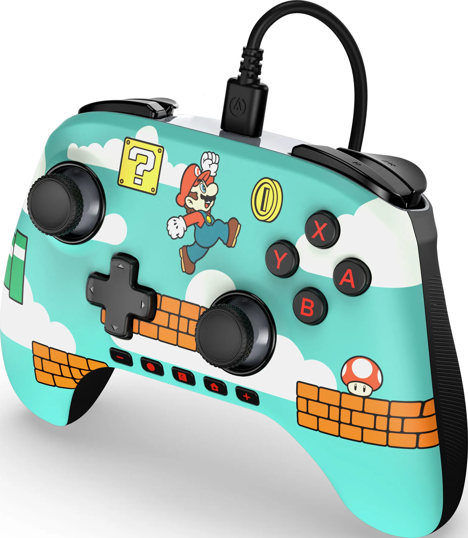 Ein türkis-weißer Controller mit Mario-Grafiken. Enthält Knöpfe, Joysticks und ein schwarzes Kabel.