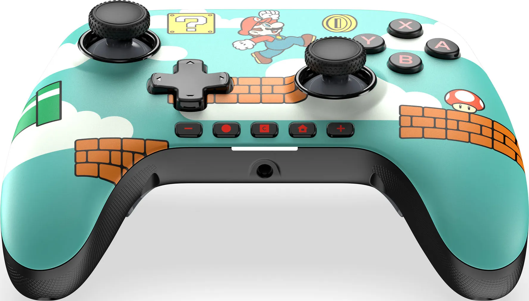 Ein Nintendo Switch-Controller mit Mario-Grafiken. Er verfügt über Joysticks, Tasten und ein Steuerkreuz, vor einem Ziegel- und Himmels-Hintergrund.