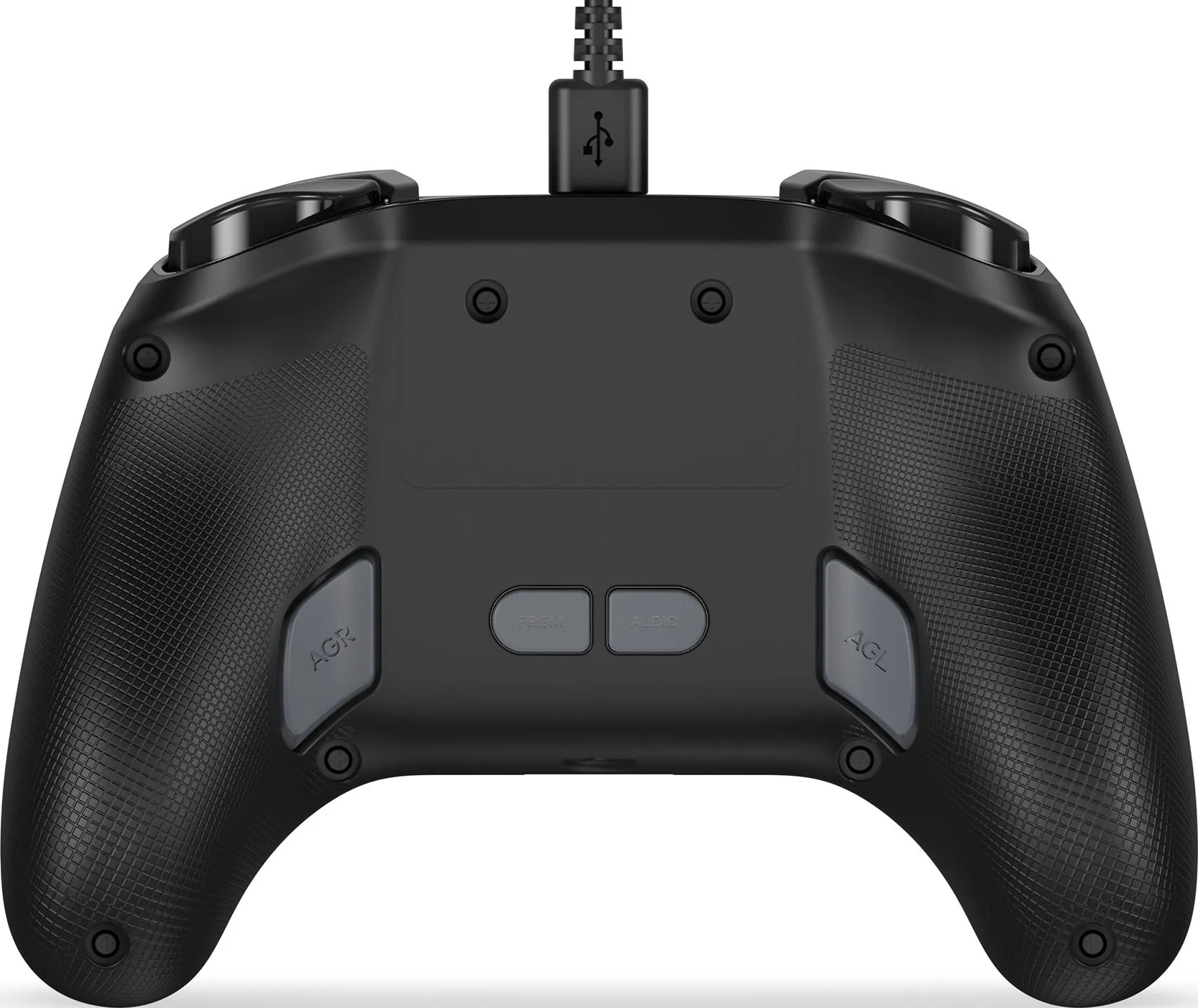 Schwarzer Gaming-Controller mit strukturierten Griffen und Knöpfen. Ein USB-Kabel ragt von oben heraus. Tasten 'AGR', 'AGL', 'PROG' und 'AUDIO' sind sichtbar.
