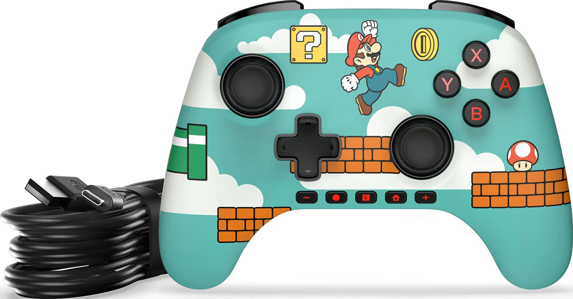 Ein Nintendo Switch-Controller mit Mario-Motiv. Er zeigt Mario, Fragezeichenblöcke, Münzen und einen Pilz auf hellblauem Grund.