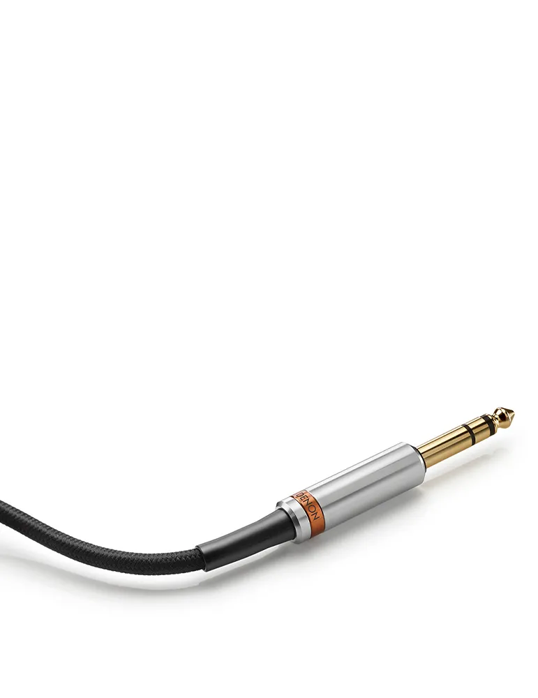 Srebrny i złoty wtyk audio z czarnym kablem. Wtyk jest ustawiony pod kątem na białym tle.