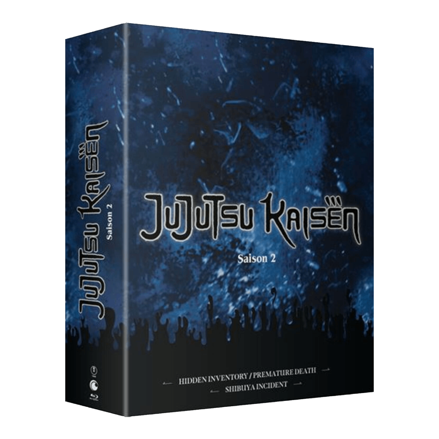 Jujutsu Kaisen Seizoen 2 boxset. Donkerblauwe cover met witte tekst. Bevat details zoals "Hidden Inventory" en "Shibuya Incident".
