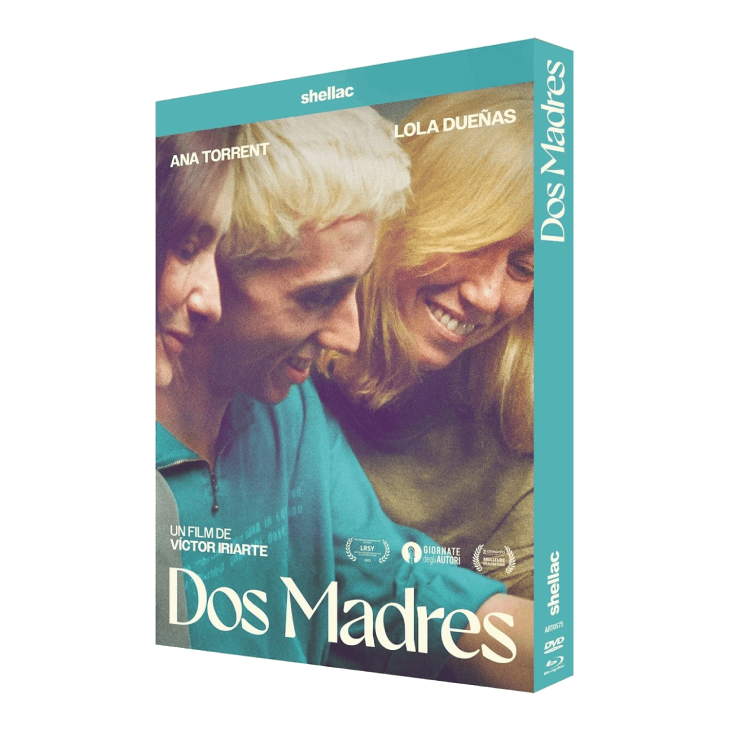 Couverture DVD de Dos Madres. On voit les visages de trois personnes. Le texte dit Ana Torrent, Lola Dueñas et shellac. Film de Victor Iriarte.