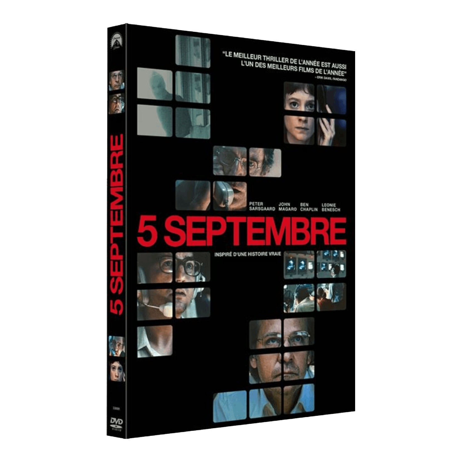 Couverture DVD de "5 Septembre". Fond noir avec images fragmentées, titre en rouge, citations en blanc. Visages et texte sont visibles.