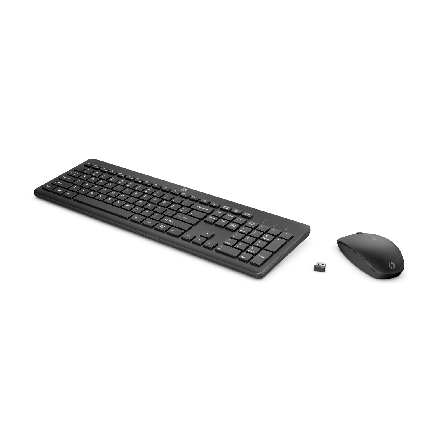 Una tastiera, un mouse e un ricevitore USB wireless HP neri su sfondo bianco. La tastiera è angolata verso lo spettatore.