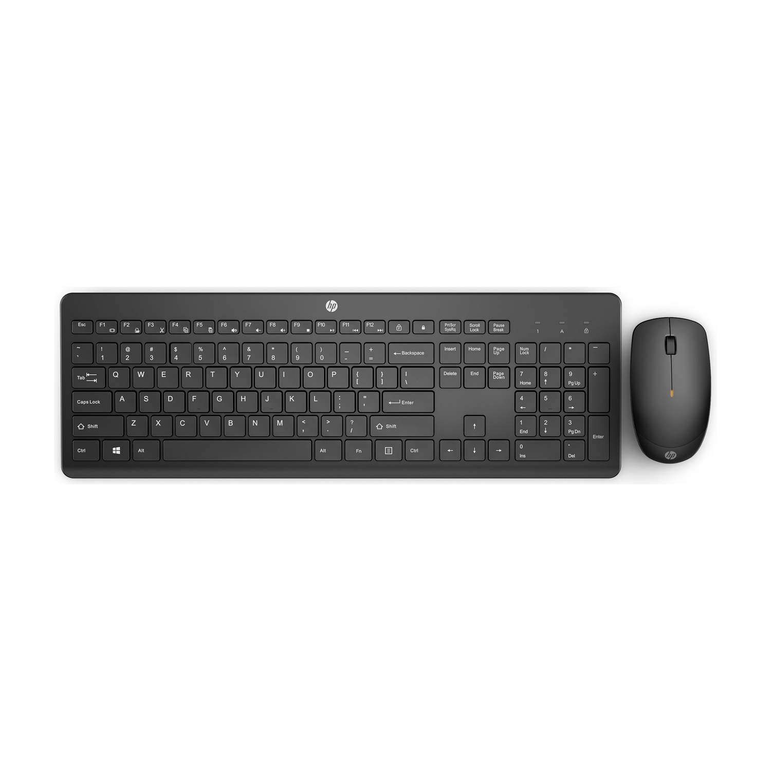 Una tastiera e un mouse HP neri su una superficie bianca. La tastiera ha tasti, il mouse è wireless.