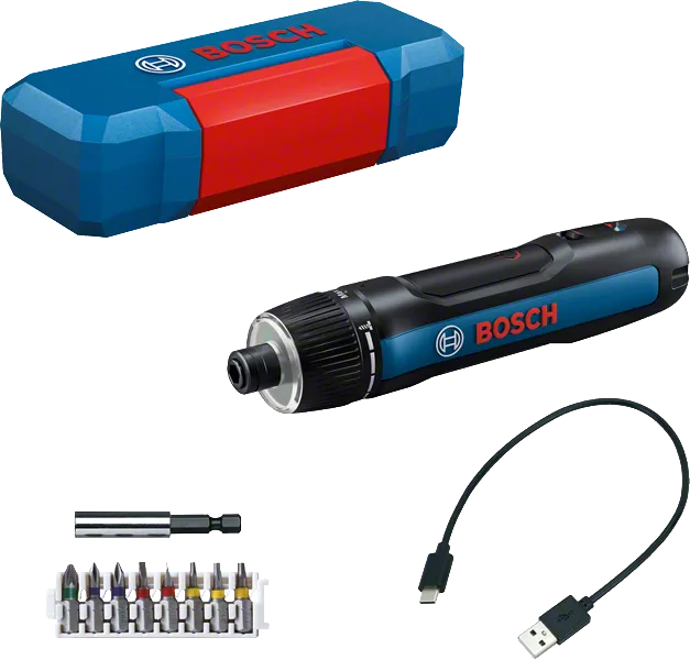Bosch elektromos csavarhúzó tokkal, bitekkel és töltőkábellel. Kék és piros tok, fekete csavarhúzó kék részletekkel.