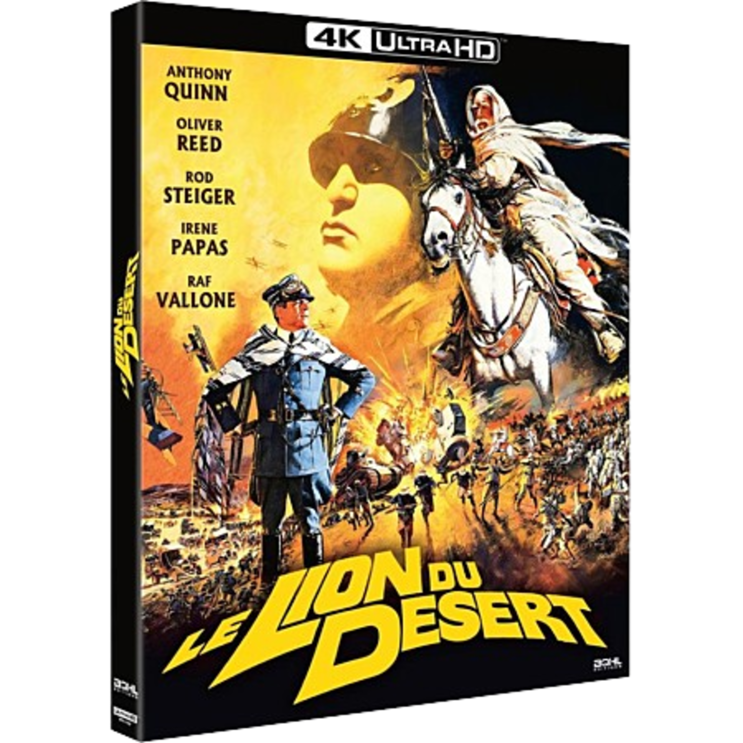 Affiche de film: Homme à cheval, soldats et homme en uniforme. Titre "Le Lion du Desert" en évidence.