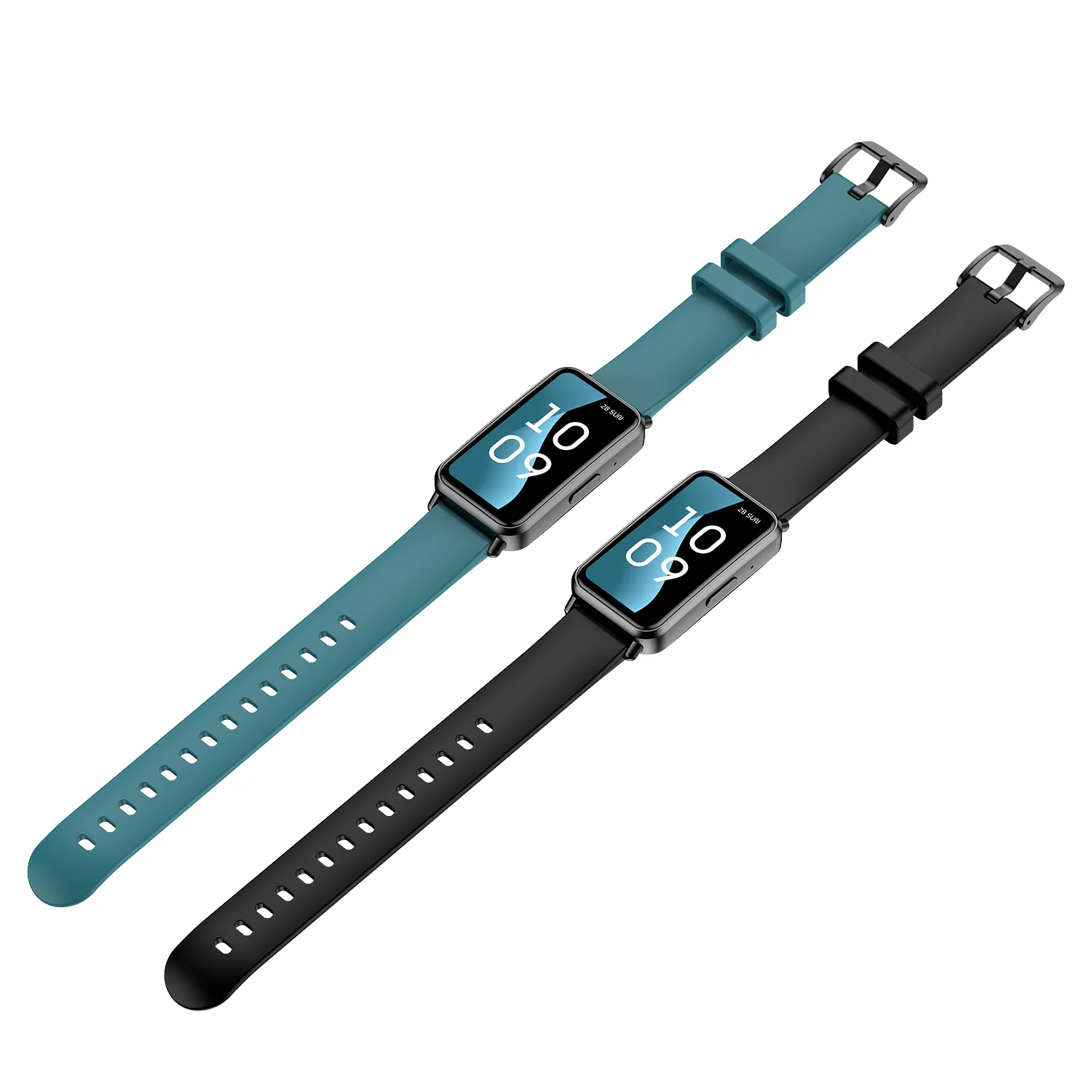 Dos smartwatches. Uno verde azulado, otro negro. Ambos tienen pantallas rectangulares que muestran '10:09'. Las correas son de silicona con hebilla.
