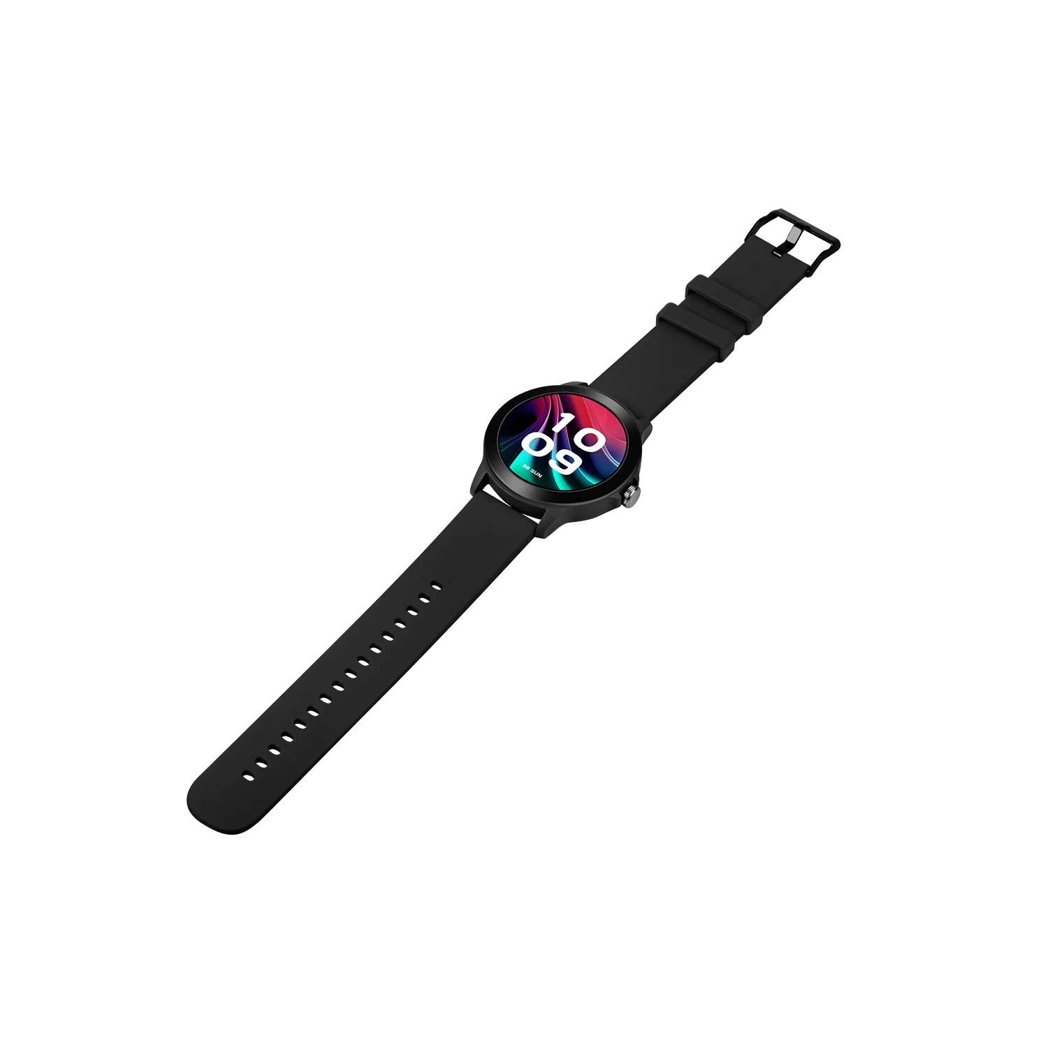 Un reloj inteligente negro con esfera redonda muestra la hora. El reloj tiene una correa negra y una hebilla negra, todo sobre fondo blanco.