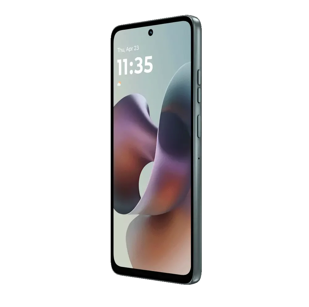 Un smartphone, en ángulo hacia la derecha, muestra la hora. La pantalla muestra un fondo con formas abstractas. El lado del teléfono tiene botones.