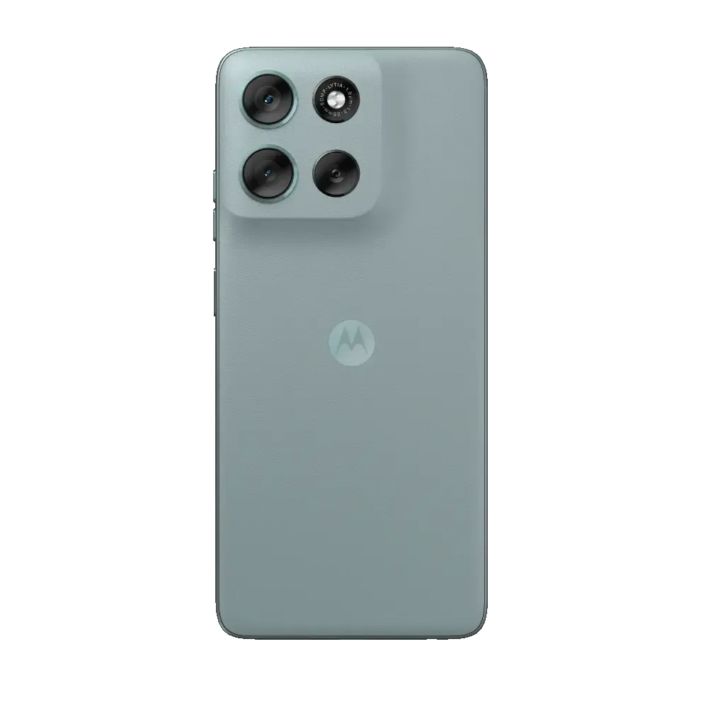 Parte trasera de un teléfono Motorola verde claro. Cuatro cámaras en la esquina superior izquierda. Logotipo de Motorola en el centro.