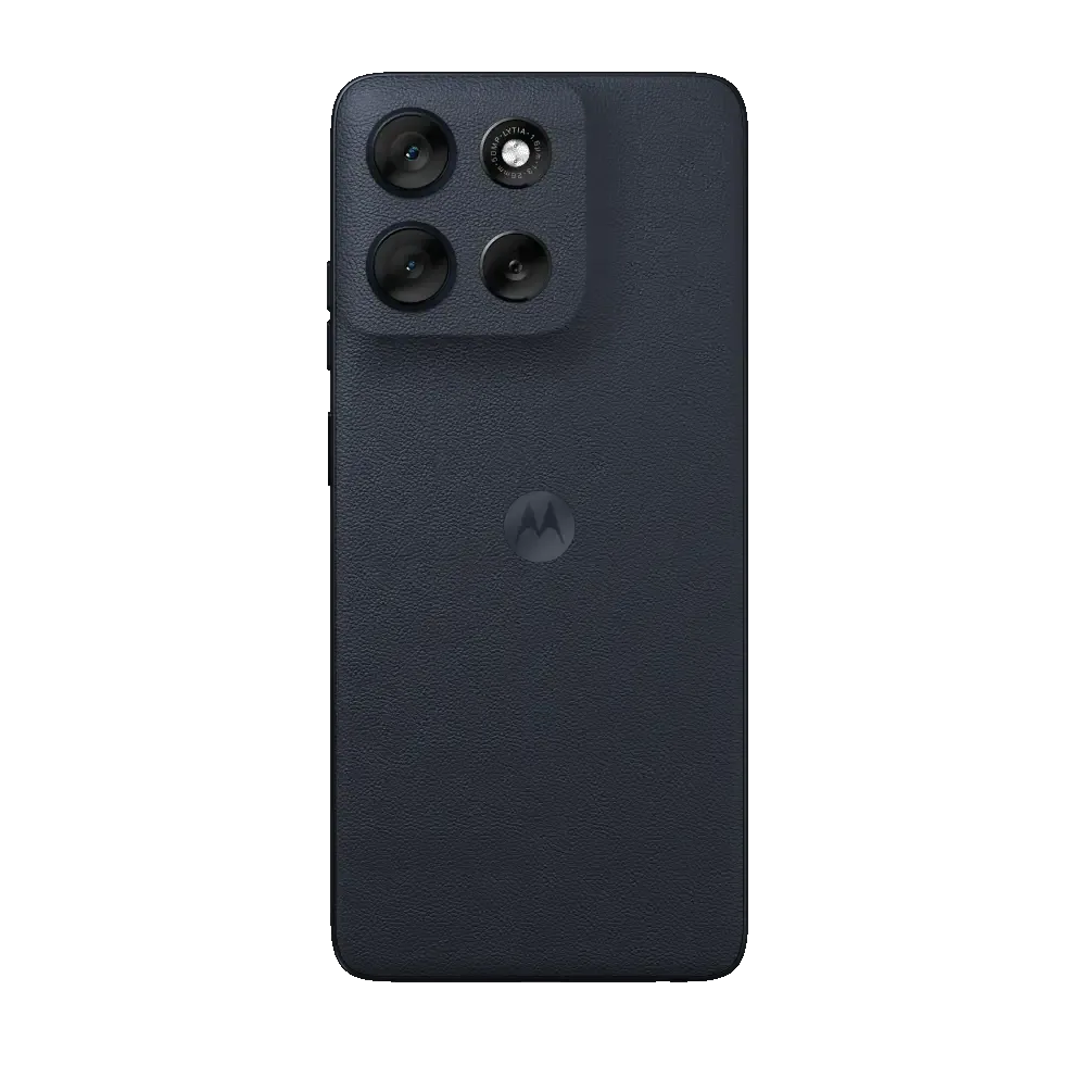 Un smartphone Motorola azul oscuro. Tiene cuatro cámaras traseras. El logotipo de Motorola está centrado. El teléfono está sobre fondo blanco.