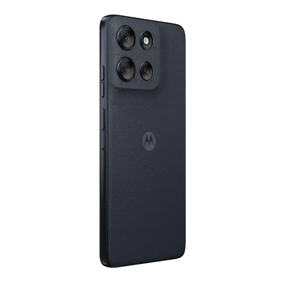 Un teléfono inteligente Motorola azul oscuro. Tiene cuatro lentes de cámara y un logotipo de Motorola. El teléfono está sobre un fondo blanco.