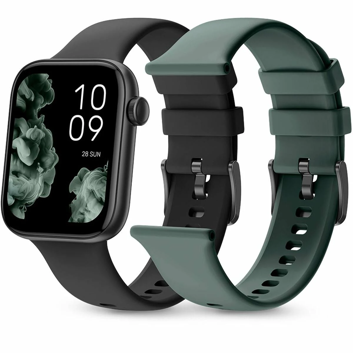 Dos smartwatches: uno negro con pantalla de hora, otro con correa verde. Ambos tienen correas y diales negros.