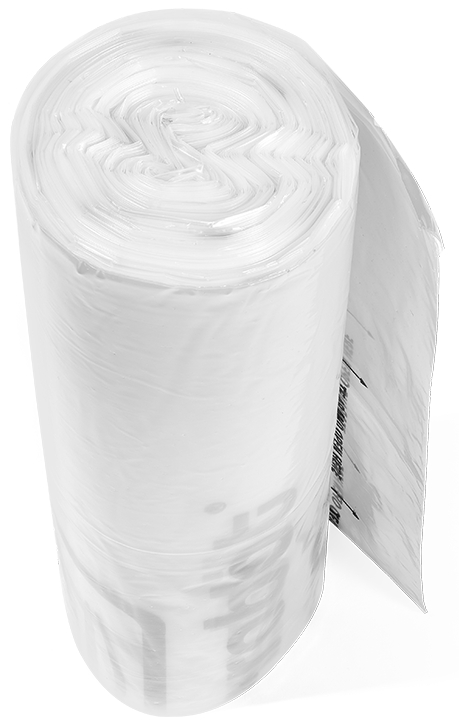 Eine Rolle durchsichtiger Plastiktüten. Die Beutel sind eng gerollt, das Ende ist teilweise abgerollt und zeigt Text.