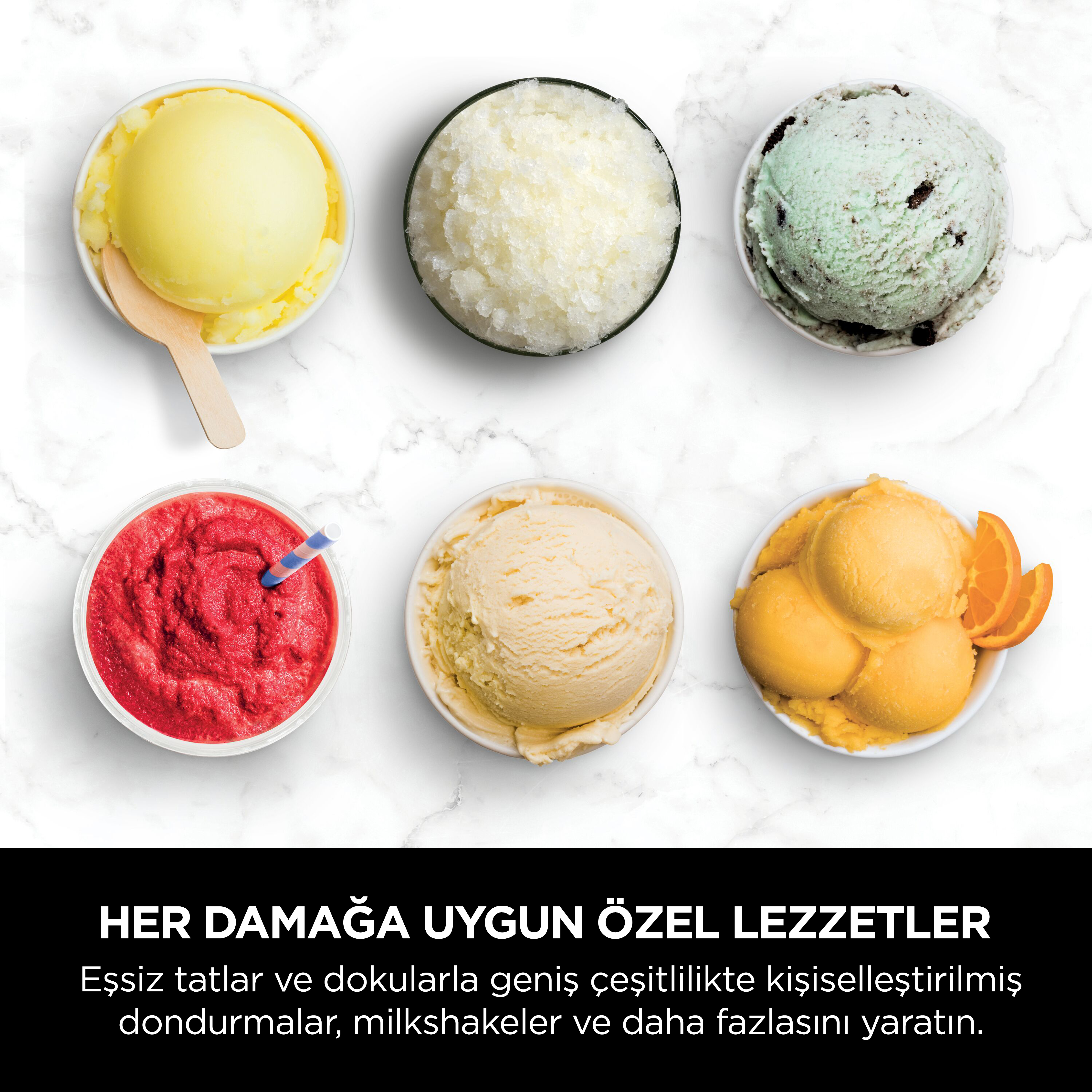 Altı dondurma kasesi: sarı, beyaz, nane çikolatalı, kırmızı, vanilyalı ve turuncu. Mermer arka planı. Altta metin.