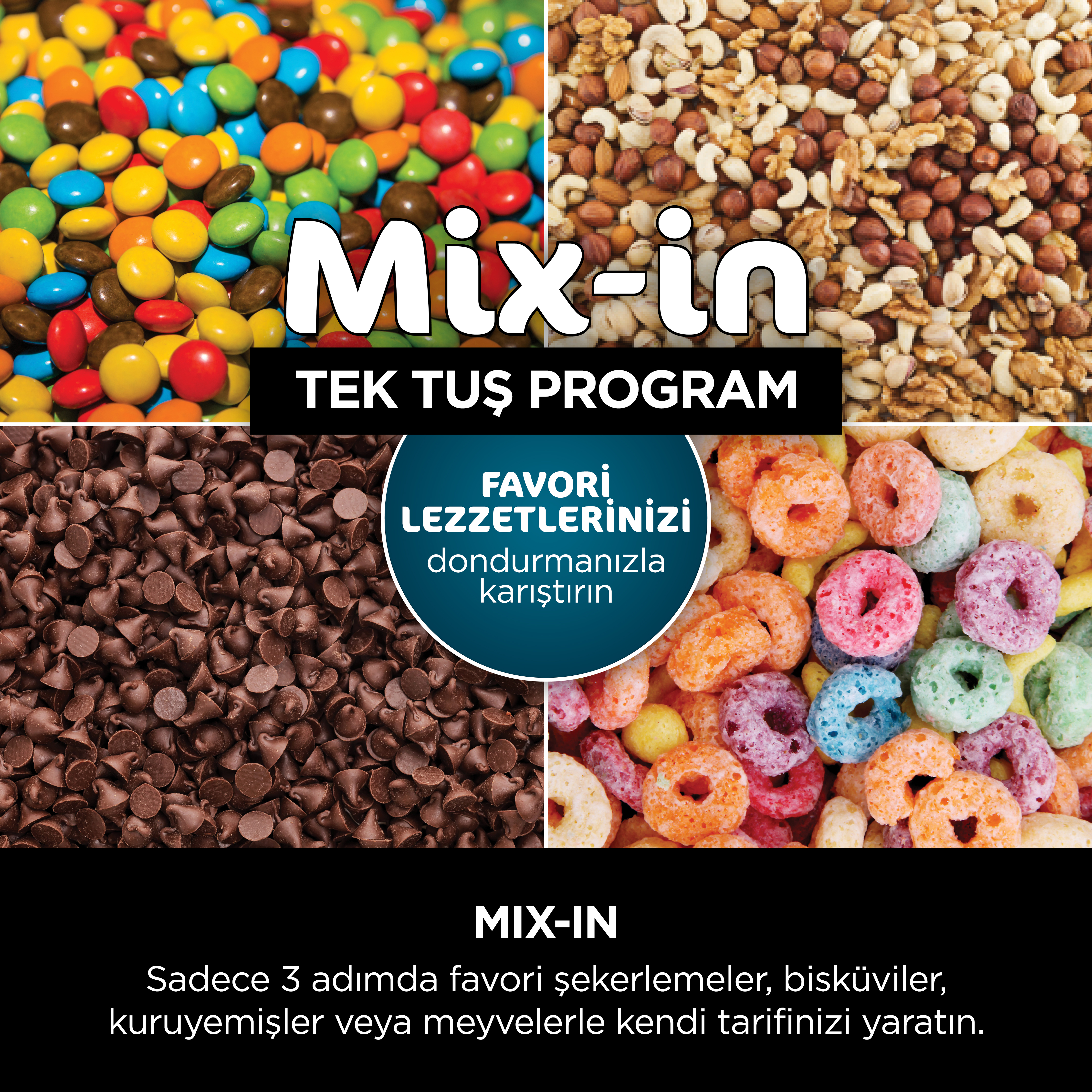Dört bölümden oluşan resim: renkli şekerlemeler, kuruyemişler, çikolata parçacıkları ve renkli tahıllar. Metin: 'Mix-in' ve 'Tek Tuş Program'.