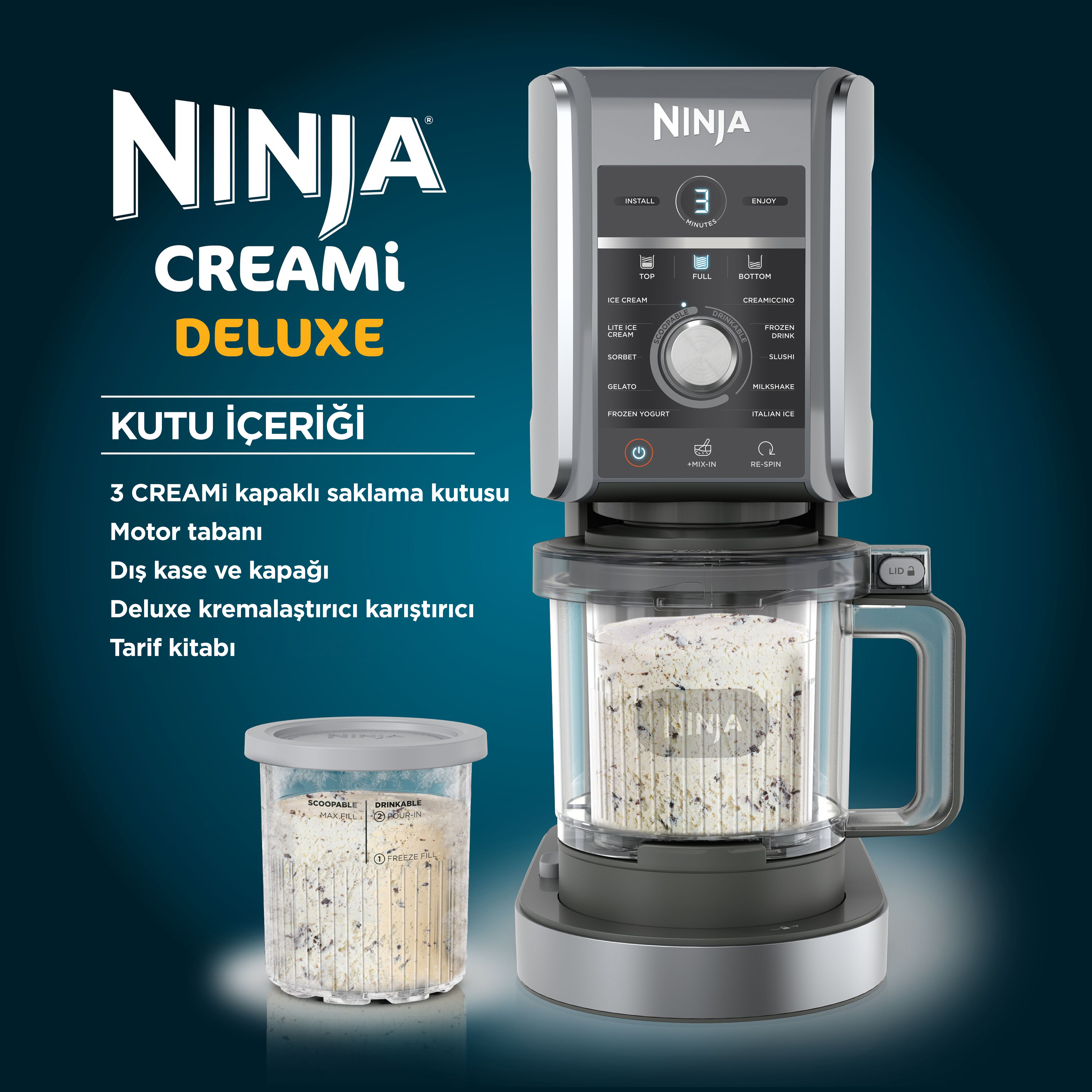 Ninja Creami Deluxe dondurma makinesi. Taban, kap, kapak ve kullanım kılavuzu içerir. Gri ve siyah.