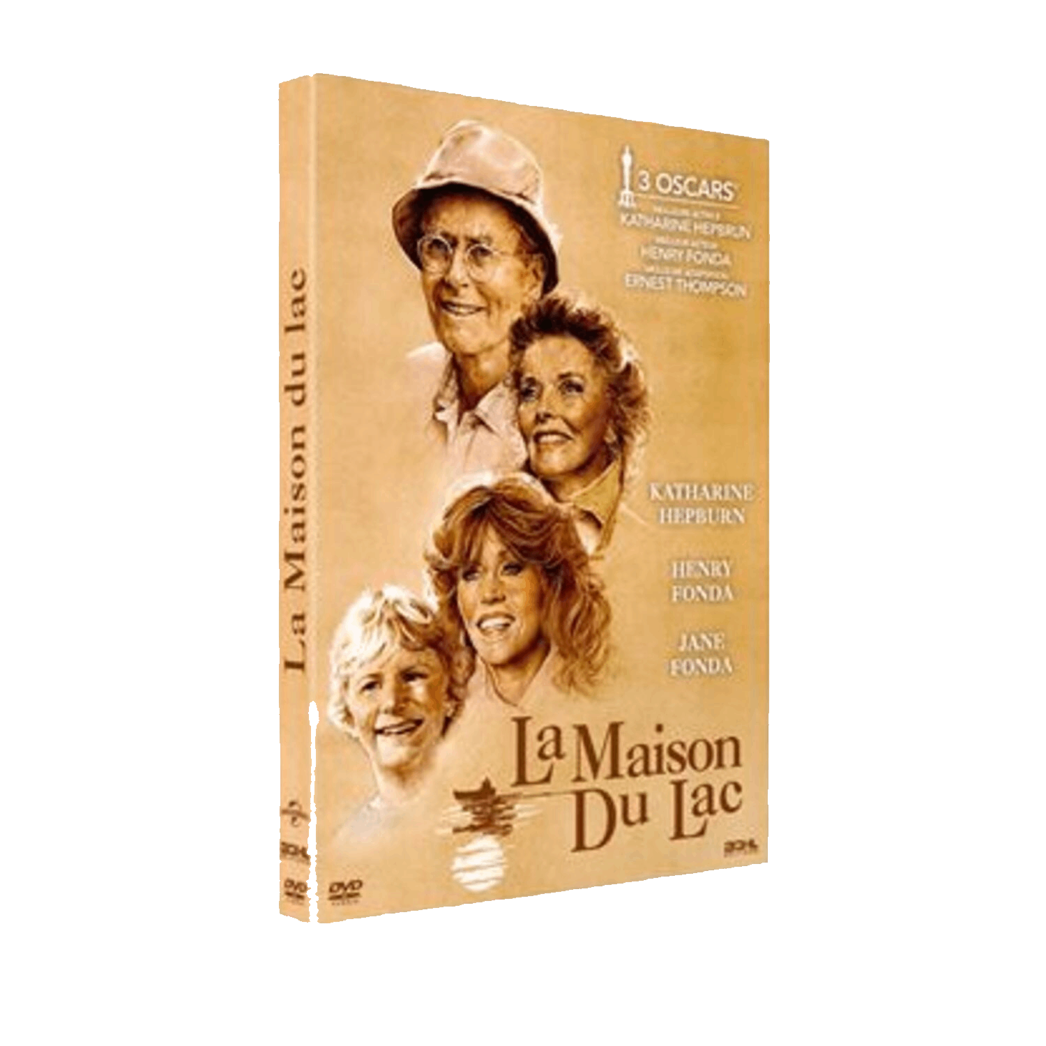 Couverture DVD de 'La Maison Du Lac'. Avec les acteurs Katharine Hepburn, Henry Fonda et Jane Fonda. La couverture est sépia.