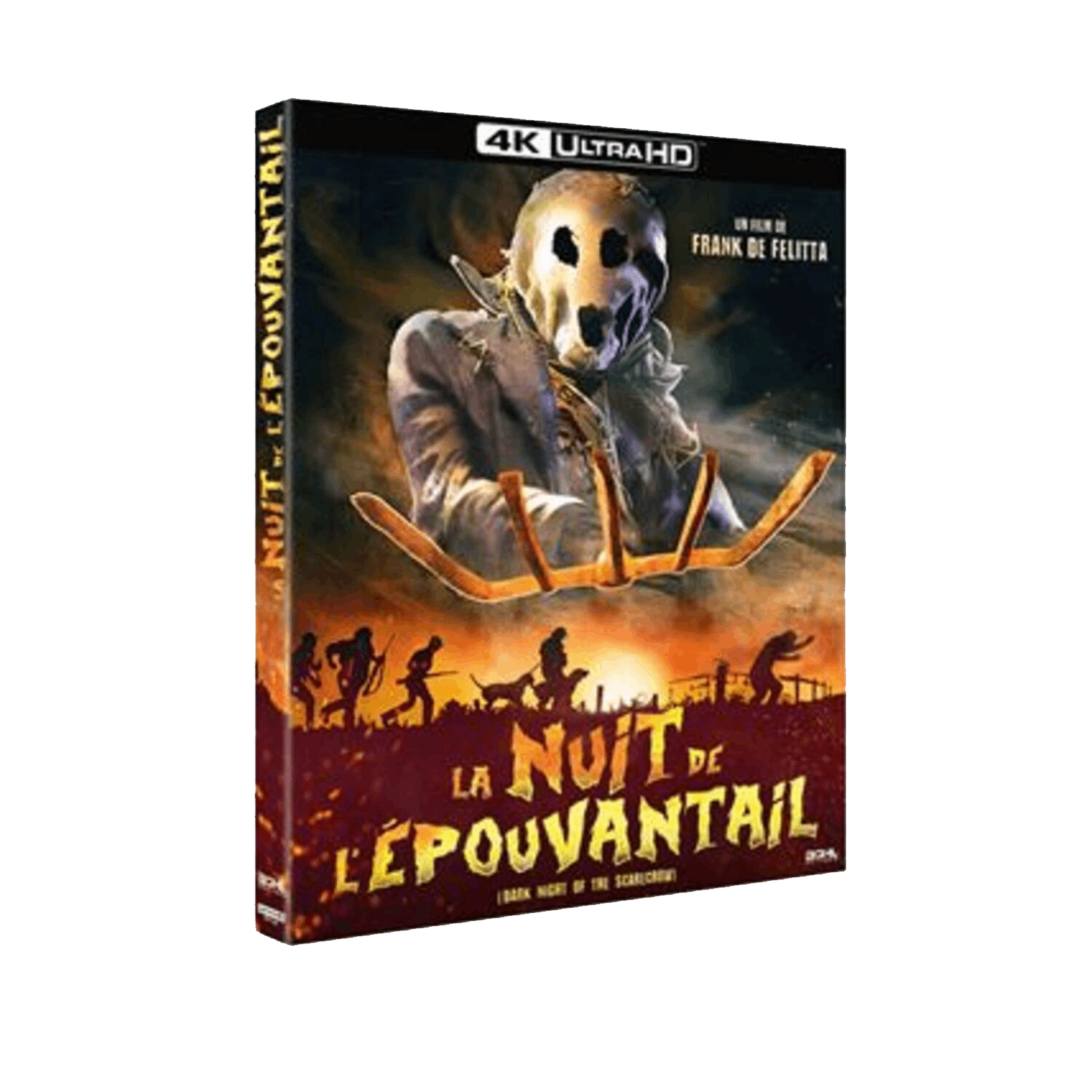 Filmcover met een vogelverschrikker-achtig figuur. Titel: La Nuit de l'Épouvantail. Het toont mensen die vluchten voor de vogelverschrikker. 4K Ultra HD.