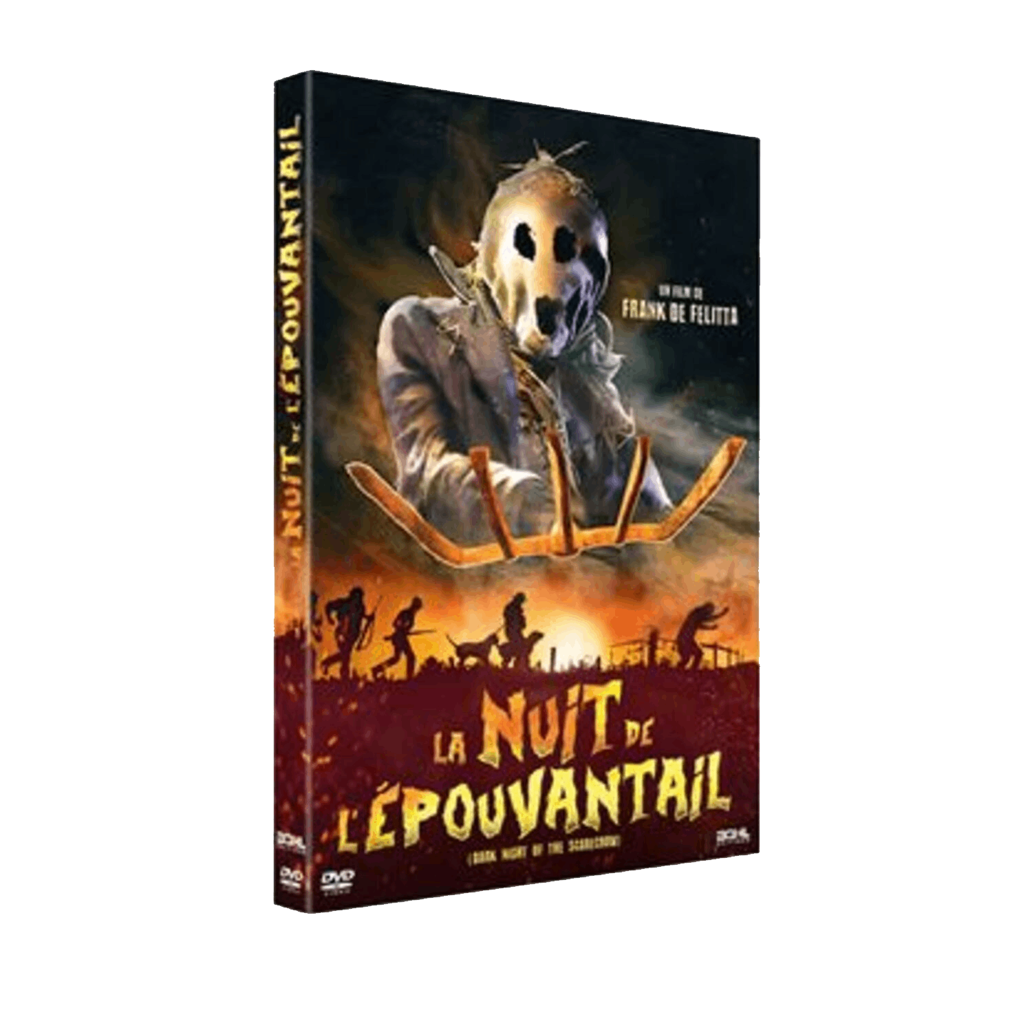Couverture du DVD. Un épouvantail avec un visage en forme de crâne et une fourche. Titre: La Nuit de l'Épouvantail (Dark Night of the Scarecrow).