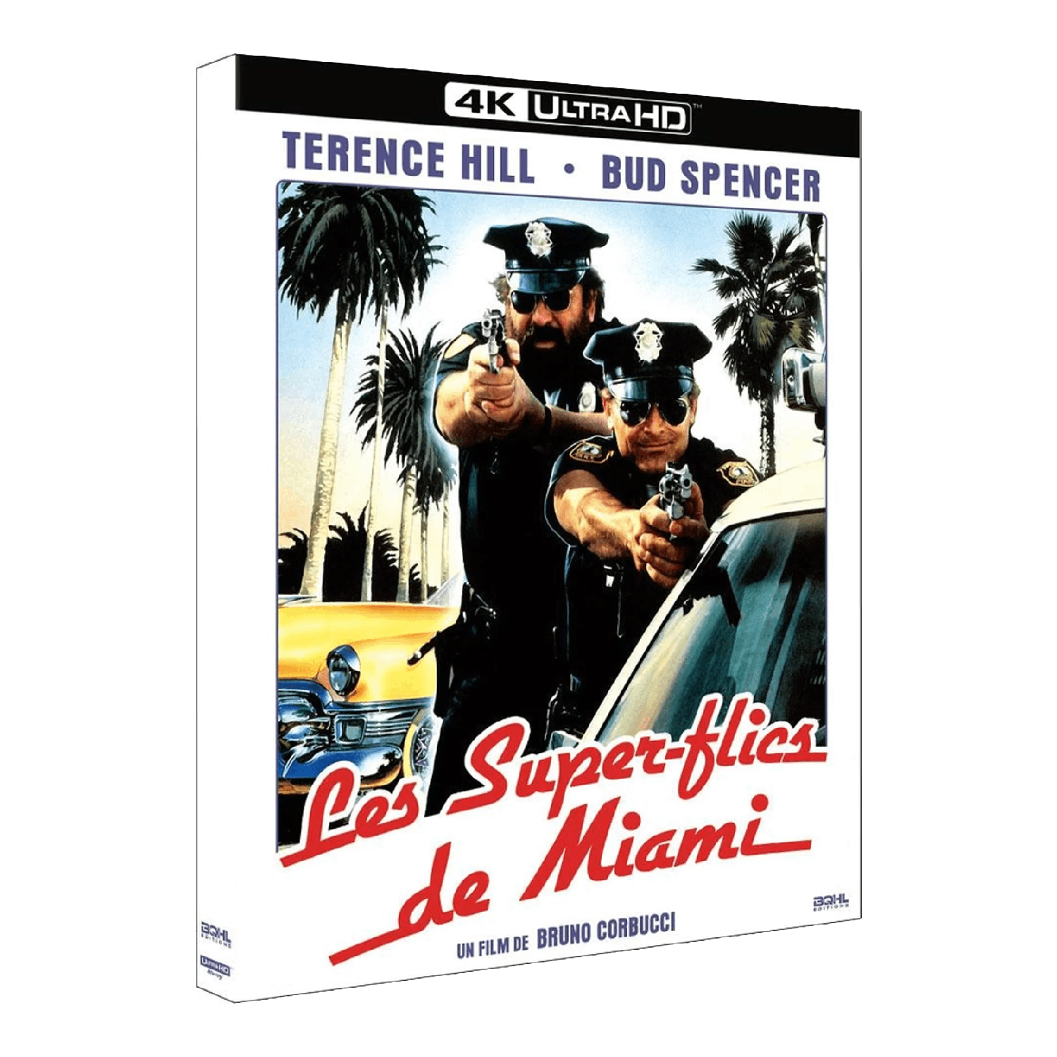 Filmoverzicht. Twee politieagenten richten wapens. Palmbomen op de achtergrond. Titel: Les Super-flics de Miami.