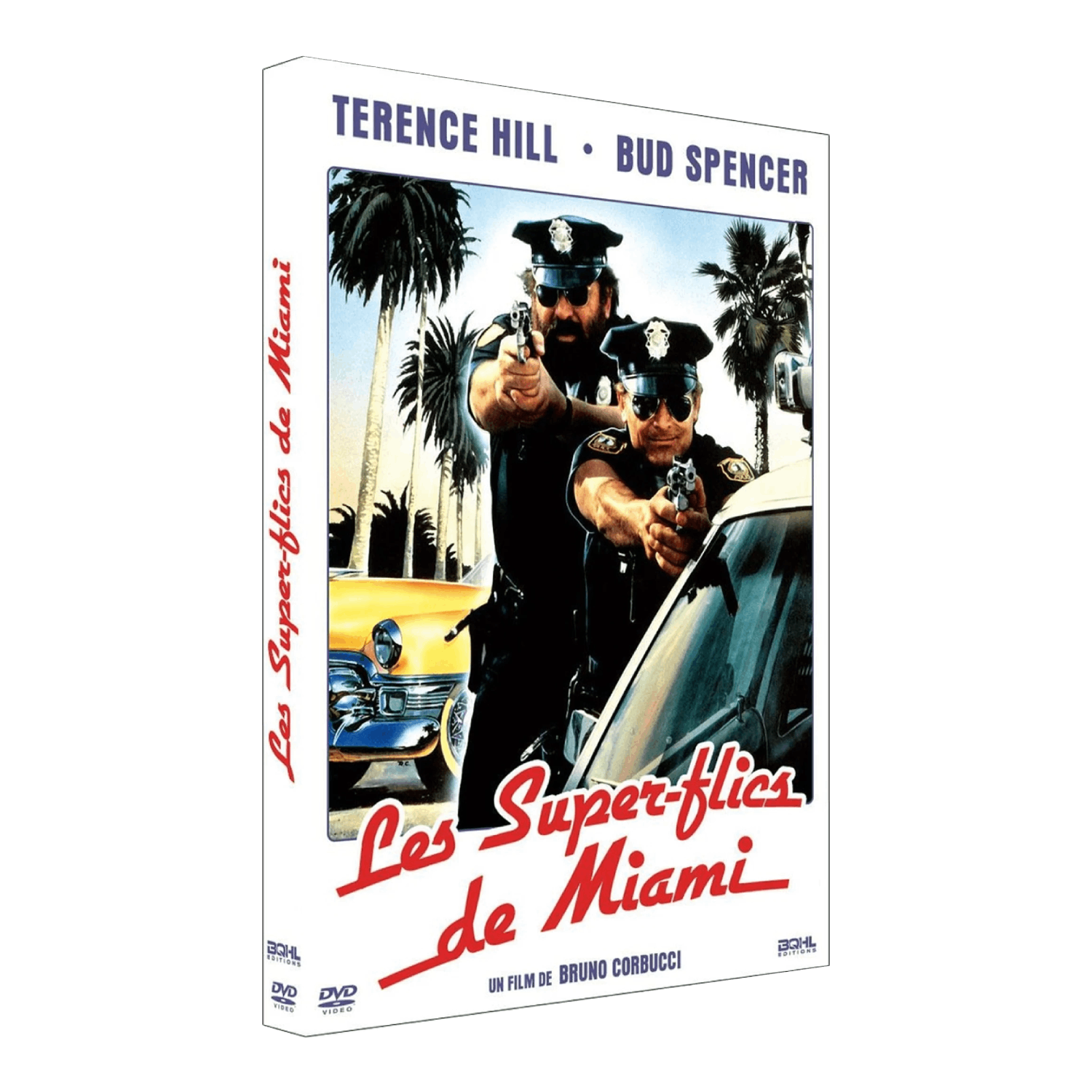 Couverture DVD de Les Super-flics de Miami. Deux policiers avec des armes, des palmiers et une voiture jaune sont visibles. Le titre est en rouge.