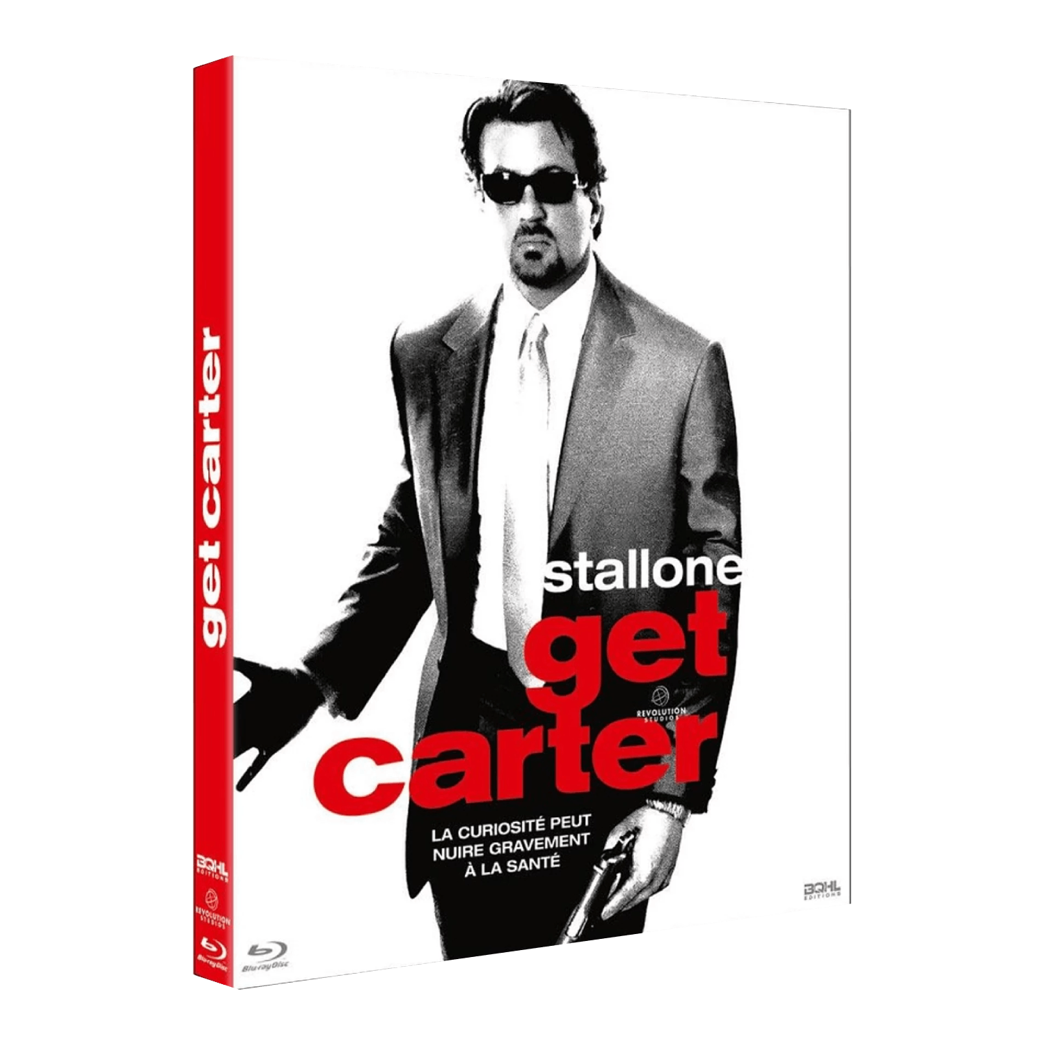 Couverture du film 'Get Carter' avec Sylvester Stallone. Il porte un costume, des lunettes de soleil et tient une arme. Dos rouge, fond blanc.