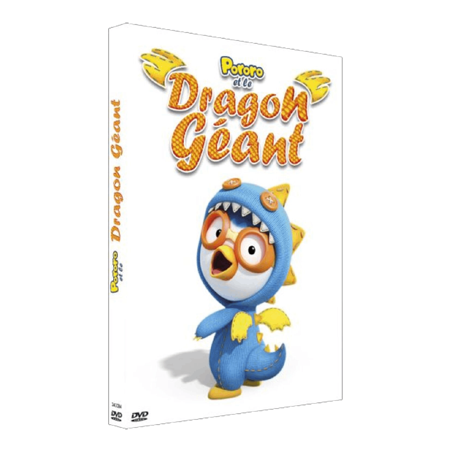 Couverture DVD de "Pororo et le Dragon Géant". Un pingouin de dessin animé en costume de dragon bleu. Titre en orange, ailes jaunes.