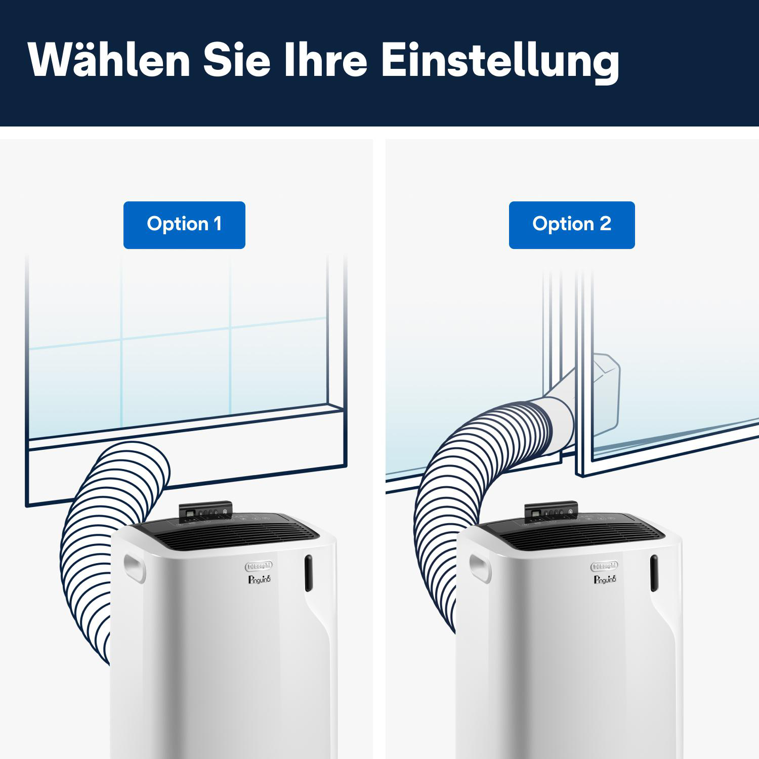 Zwei Optionen für die Klimaanlage. Option 1 zeigt einen Schlauch zum Fenster. Option 2 zeigt den Schlauch am Fensterrahmen.