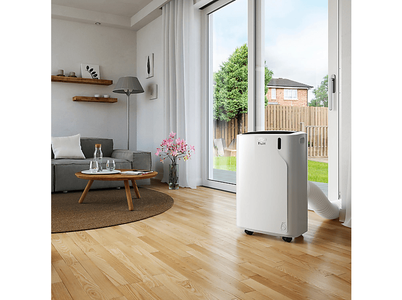 DELONGHI Pinguino PAC EM93K.1 Silent, 3-in1: Kühlung, Entfeuchtung, Ventilation, leises mobiles Klimagerät Weiß/Schwarz (Max. Raumgröße: 95 m³, EEK: A)