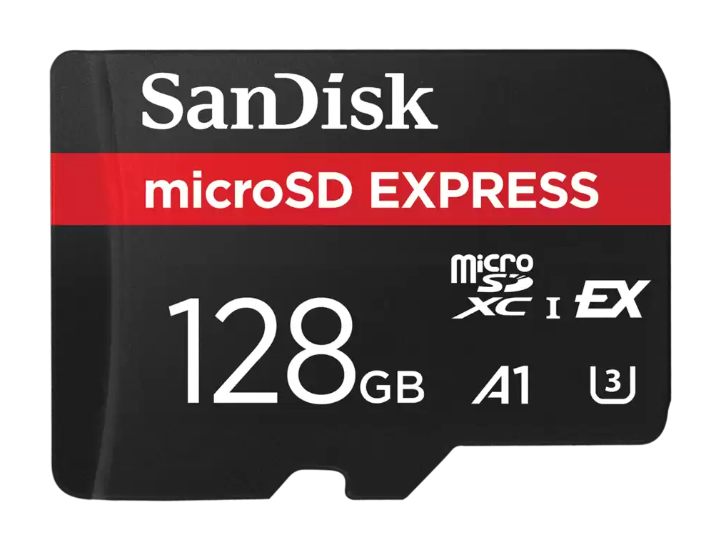 Czarna karta SanDisk microSD. Zawiera biały tekst: SanDisk, microSD EXPRESS, 128GB, A1 i symbole micro XC I EX.