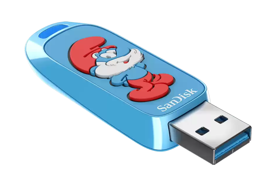 Niebieski pendrive z postacią Smerfa. Pendrive ma srebrne złącze USB i niebieską pętlę.