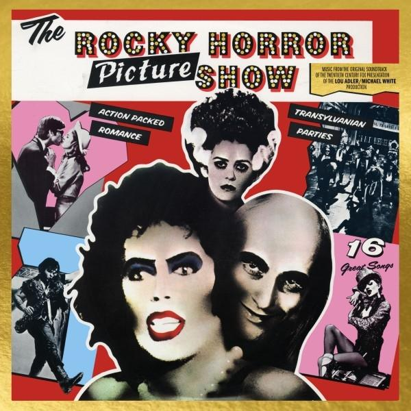 Albumcover-Kunst für The Rocky Horror Picture Show. Enthält Charaktere und den Titel. Enthält die Sätze 'Action Packed Romance' und 'Transylvanian Parties'.