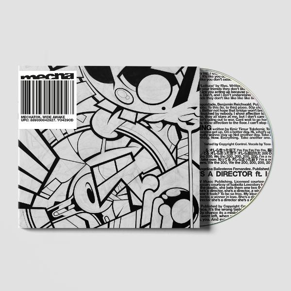 CD-Cover mit schwarz-weißer abstrakter Kunst, einem Barcode und Text. Die CD ist teilweise sichtbar.