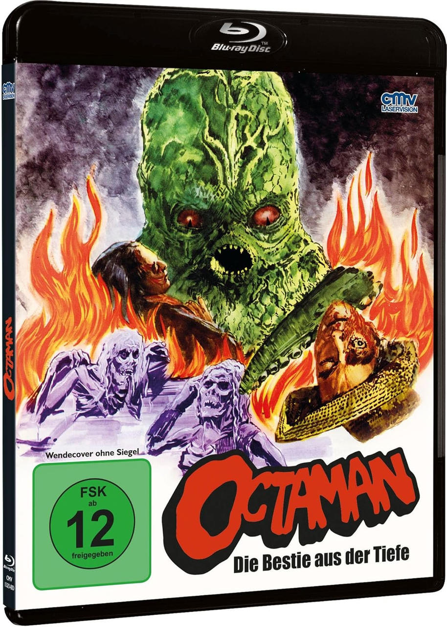 Blu-ray-Cover von Octaman, mit einem grünen Monster, brennenden Flammen und menschlichen Figuren. Der Titel ist rot.